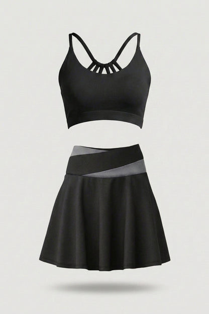 Dames 2-Delige Sport Set | Cross Waist Tennisrok & Top | Ingebouwde binnenbroek