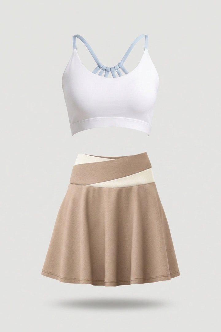 Women's 2-Piece Sports Set | Cross Waist Tennis Skirt & Top | Built-In Shorts