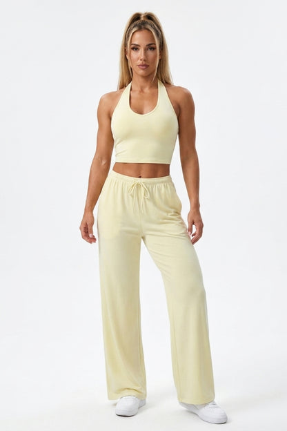 Dames 2-Delige Yoga Set | Relaxed Fit | Halter Top | Gele Wide Leg Broek Set