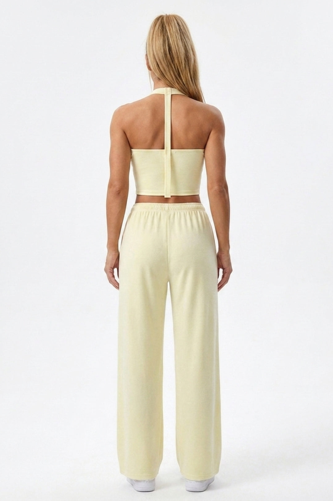 Dames 2-Delige Yoga Set | Relaxed Fit | Halter Top | Gele Wide Leg Broek Set