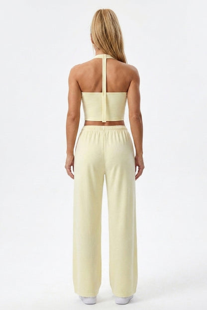 Dames 2-Delige Yoga Set | Relaxed Fit | Halter Top | Gele Wide Leg Broek Set
