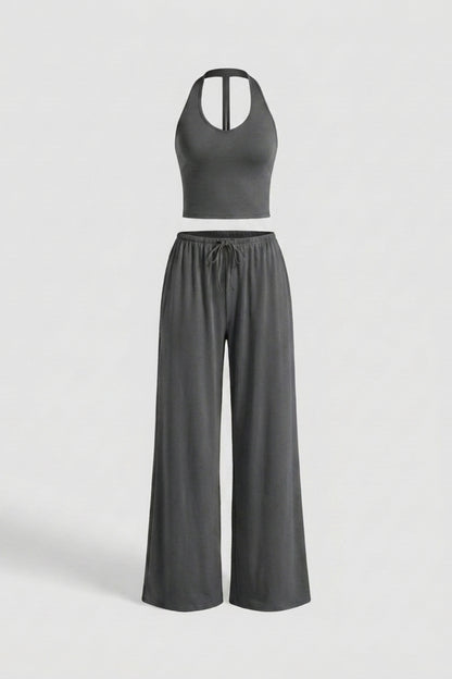 Dames 2-Delige Yoga Set | Relaxed Fit | Halter Top | Gele Wide Leg Broek Set