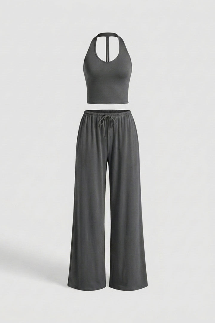 Dames 2-Delige Yoga Set | Relaxed Fit | Halter Top | Gele Wide Leg Broek Set