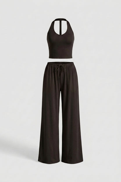Dames 2-Delige Yoga Set | Relaxed Fit | Halter Top | Gele Wide Leg Broek Set