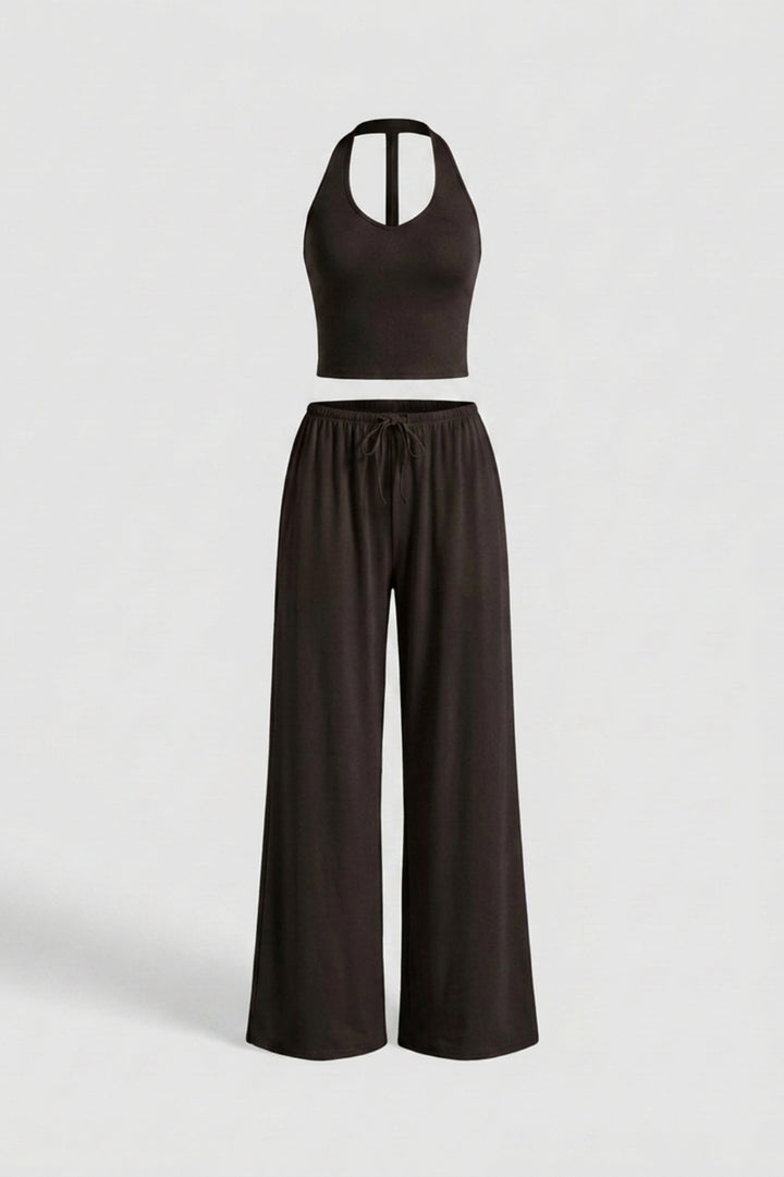 Dames 2-Delige Yoga Set | Relaxed Fit | Halter Top | Gele Wide Leg Broek Set