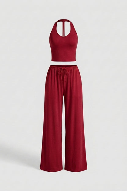 Dames 2-Delige Yoga Set | Relaxed Fit | Halter Top | Gele Wide Leg Broek Set