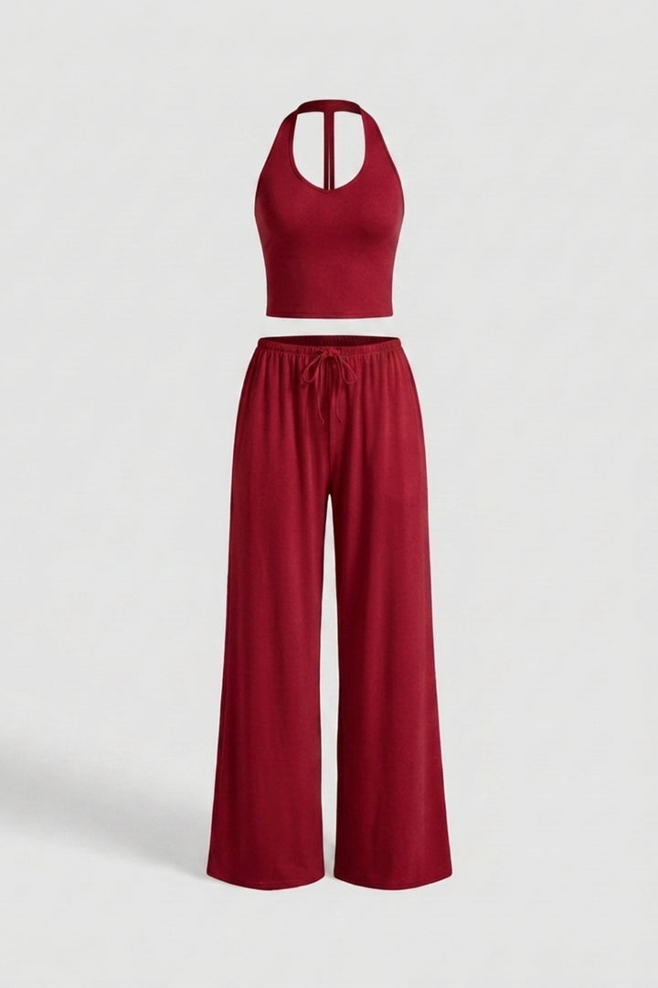 Dames 2-Delige Yoga Set | Relaxed Fit | Halter Top | Gele Wide Leg Broek Set