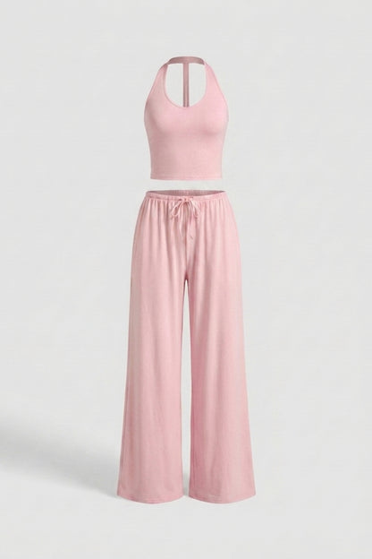 Dames 2-Delige Yoga Set | Relaxed Fit | Halter Top | Gele Wide Leg Broek Set