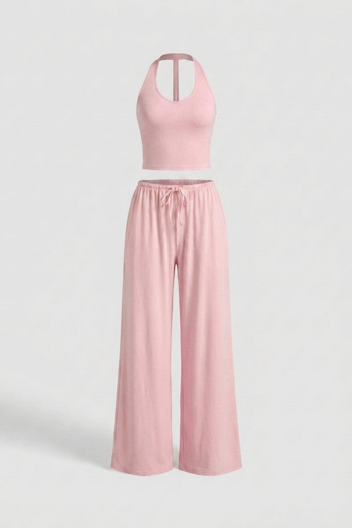 Dames 2-Delige Yoga Set | Relaxed Fit | Halter Top | Gele Wide Leg Broek Set