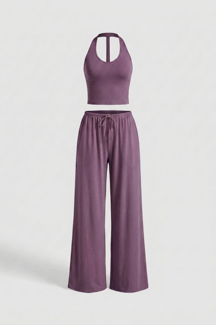 Dames 2-Delige Yoga Set | Relaxed Fit | Halter Top | Gele Wide Leg Broek Set