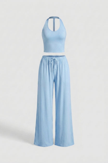 Dames 2-Delige Yoga Set | Relaxed Fit | Halter Top | Gele Wide Leg Broek Set