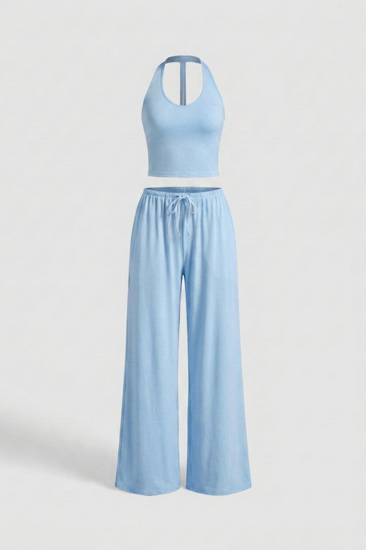 Dames 2-Delige Yoga Set | Relaxed Fit | Halter Top | Gele Wide Leg Broek Set