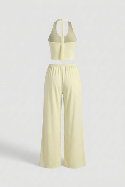 Dames 2-Delige Yoga Set | Relaxed Fit | Halter Top | Gele Wide Leg Broek Set