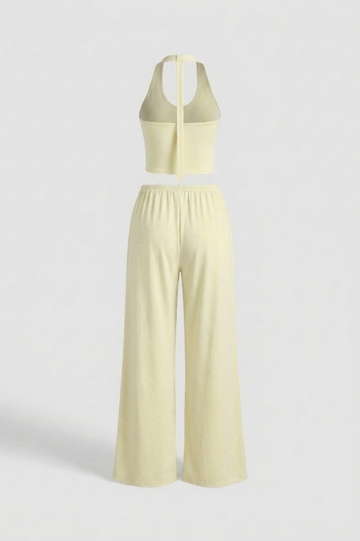 Dames 2-Delige Yoga Set | Relaxed Fit | Halter Top | Gele Wide Leg Broek Set