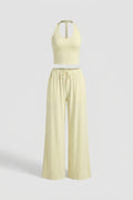 Dames 2-Delige Yoga Set | Relaxed Fit | Halter Top | Gele Wide Leg Broek Set