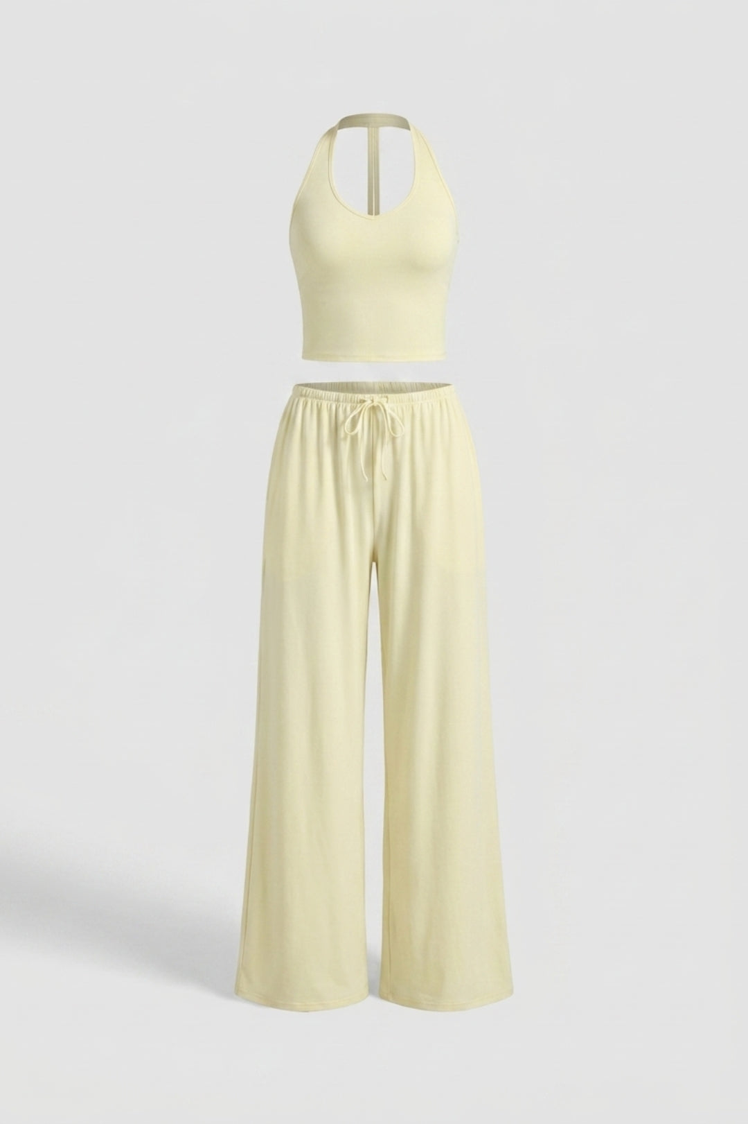 Dames 2-Delige Yoga Set | Relaxed Fit | Halter Top | Gele Wide Leg Broek Set