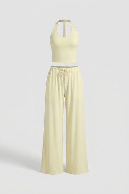 Dames 2-Delige Yoga Set | Relaxed Fit | Halter Top | Gele Wide Leg Broek Set