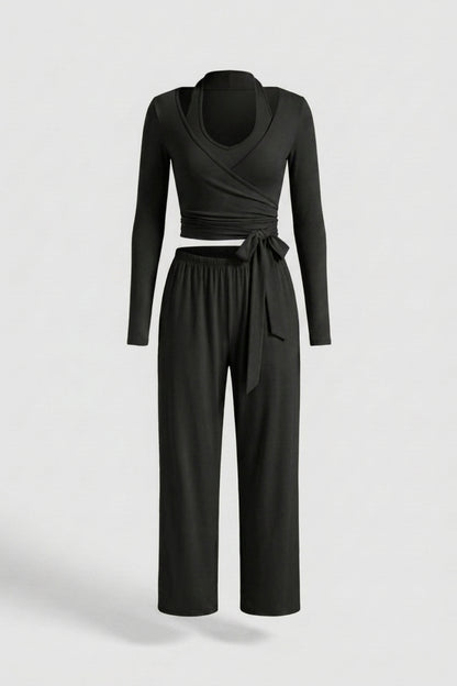 Dames 3-Delige Lounge Set | Aansluitende Fit | Wrap Top | Comfy Wide Leg Outfit