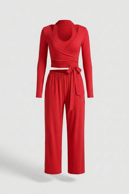 Dames 3-Delige Lounge Set | Aansluitende Fit | Wrap Top | Comfy Wide Leg Outfit