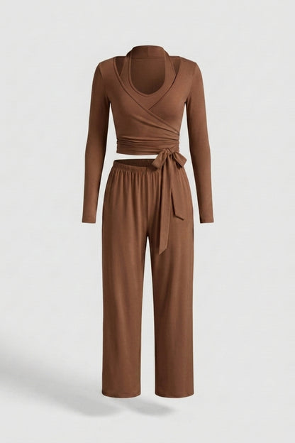 Dames 3-Delige Lounge Set | Aansluitende Fit | Wrap Top | Comfy Wide Leg Outfit