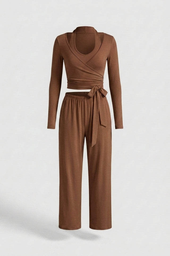 Dames 3-Delige Lounge Set | Aansluitende Fit | Wrap Top | Comfy Wide Leg Outfit