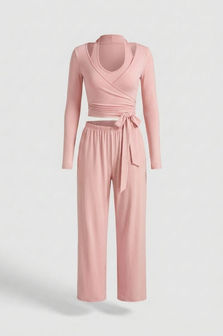 Dames 3-Delige Lounge Set | Aansluitende Fit | Wrap Top | Comfy Wide Leg Outfit