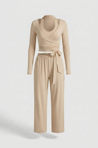 Dames 3-Delige Lounge Set | Aansluitende Fit | Wrap Top | Comfy Wide Leg Outfit