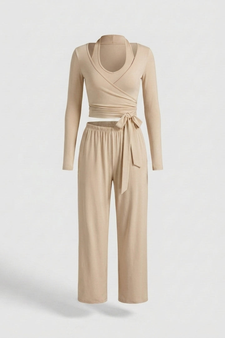 Dames 3-Delige Lounge Set | Aansluitende Fit | Wrap Top | Comfy Wide Leg Outfit