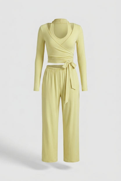 Dames 3-Delige Lounge Set | Aansluitende Fit | Wrap Top | Comfy Wide Leg Outfit