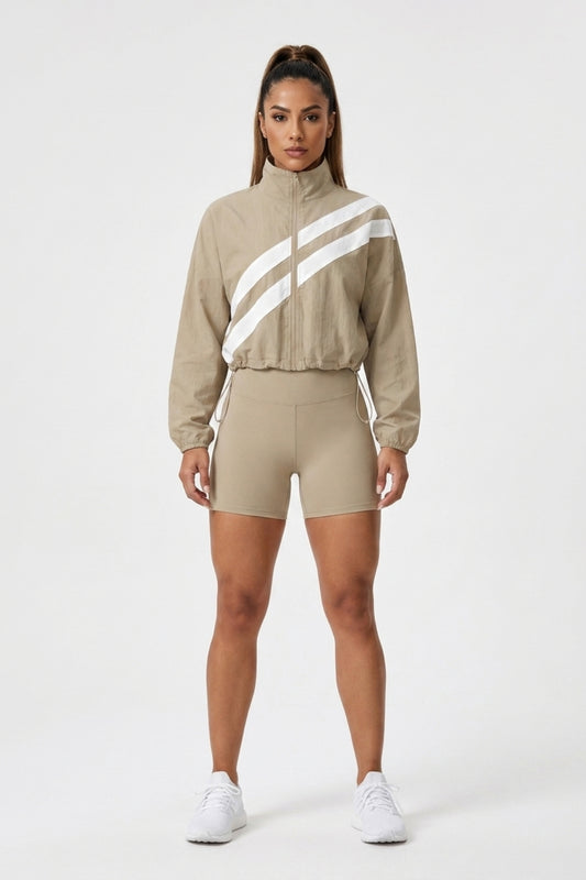 Dames Cropped Windbreaker Top | Zip Front | Contrast Strepen