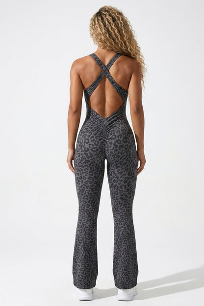 Dames Flared One Piece | Sculpting Fit | Luipaardprint | Open Back Activewear Onesie