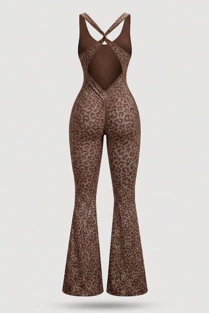 Dames Flared One Piece | Sculpting Fit | Luipaardprint | Open Back Activewear Onesie