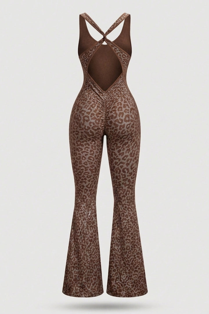 Dames Flared One Piece | Sculpting Fit | Luipaardprint | Open Back Activewear Onesie