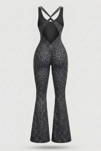 Dames Flared One Piece | Sculpting Fit | Luipaardprint | Open Back Activewear Onesie