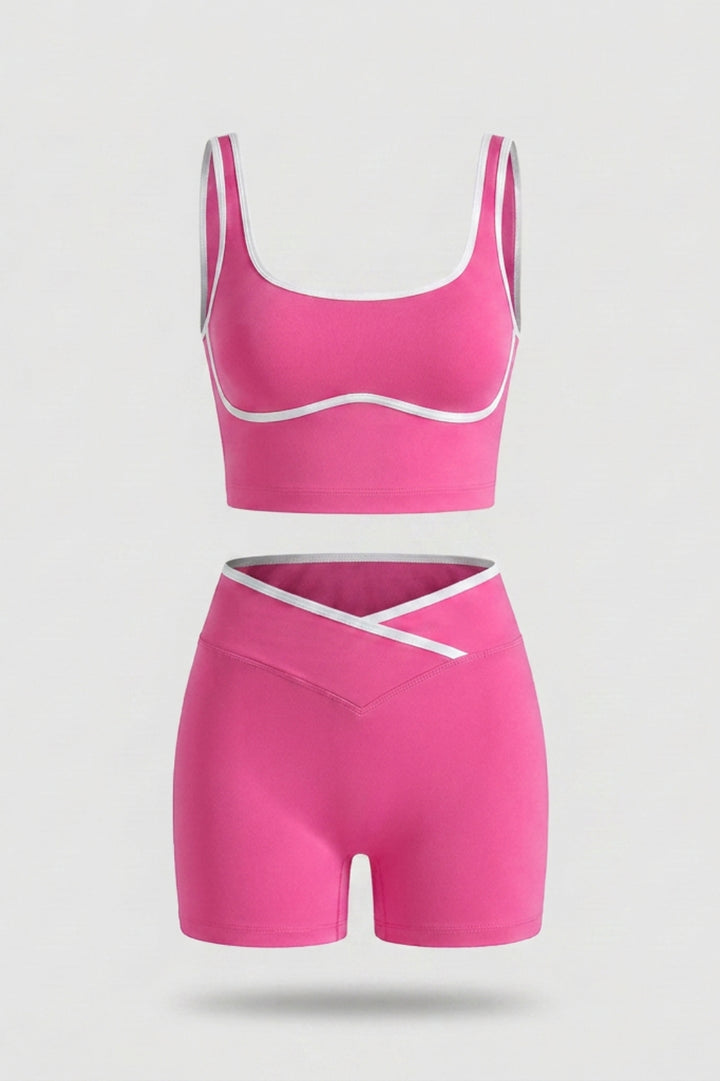 Women's Seamless Workout Set | Slim Fit | Contrast Piping | High Waist Shorts & Cropped Tank Top