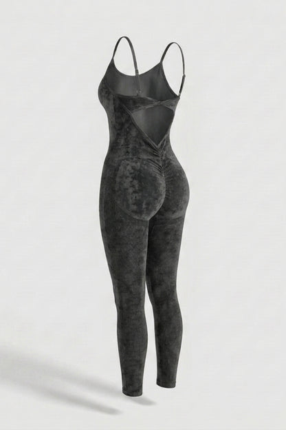 Dames Sport Jumpsuit | Sculpting Fit | Acid Wash | Strappy Full-Length Onesie