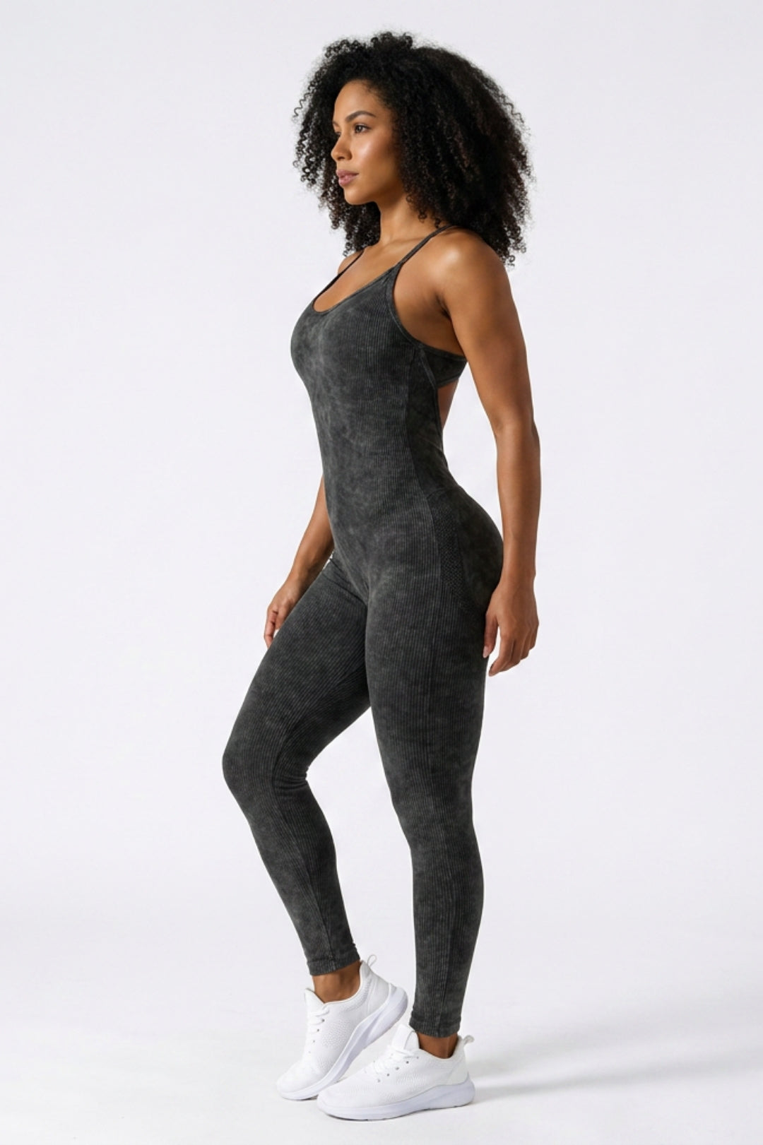 Dames Sport Jumpsuit | Sculpting Fit | Acid Wash | Strappy Full-Length Onesie