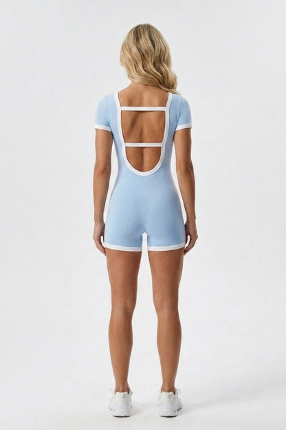 Dames Sport Jumpsuit Short | V-Neck | Contrast Trim One Piece | Open Back