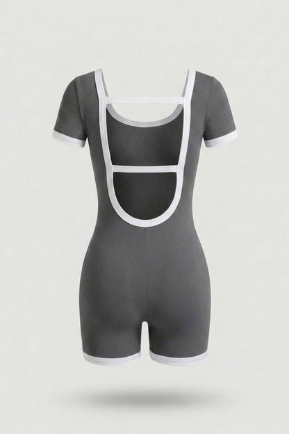 Dames Sport Jumpsuit Short | V-Neck | Contrast Trim One Piece | Open Back