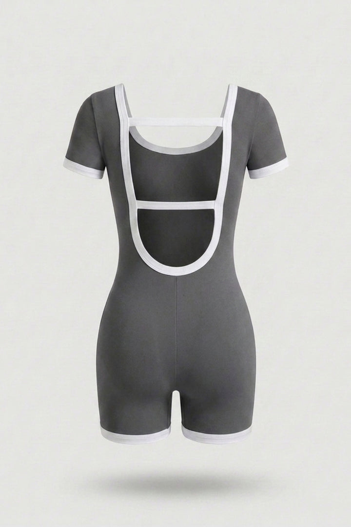 Women's Short Sports Jumpsuit | V-Neck | Contrast Trim One Piece | Open Back