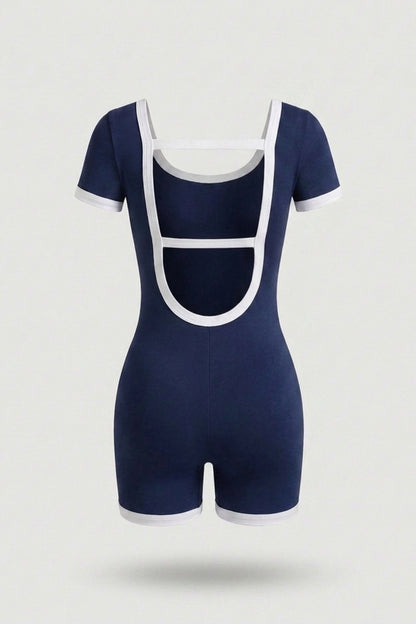 Dames Sport Jumpsuit Short | V-Neck | Contrast Trim One Piece | Open Back