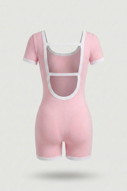 Dames Sport Jumpsuit Short | V-Neck | Contrast Trim One Piece | Open Back