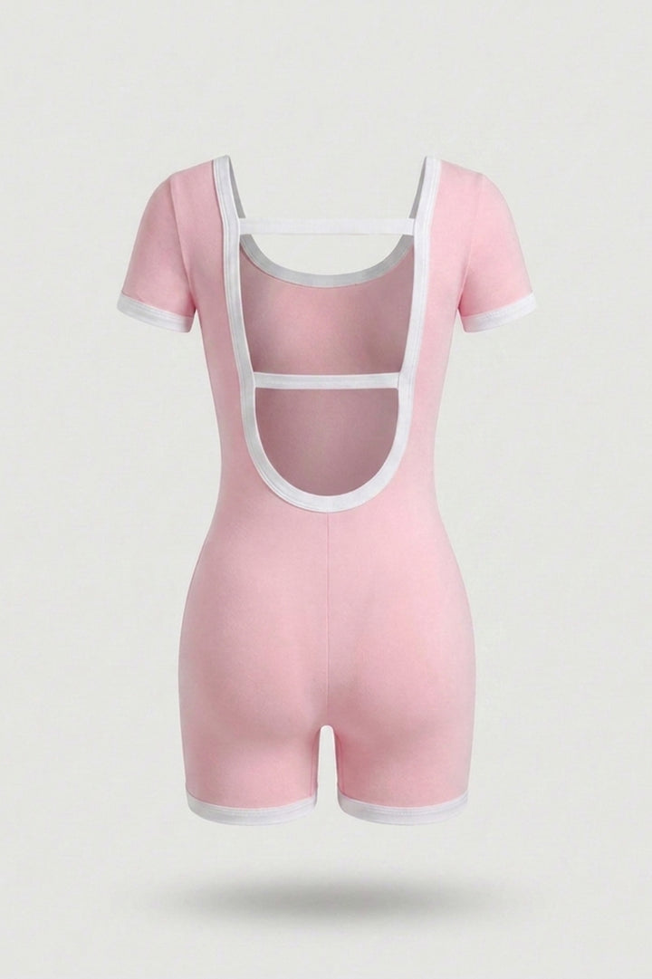 Women's Short Sports Jumpsuit | V-Neck | Contrast Trim One Piece | Open Back