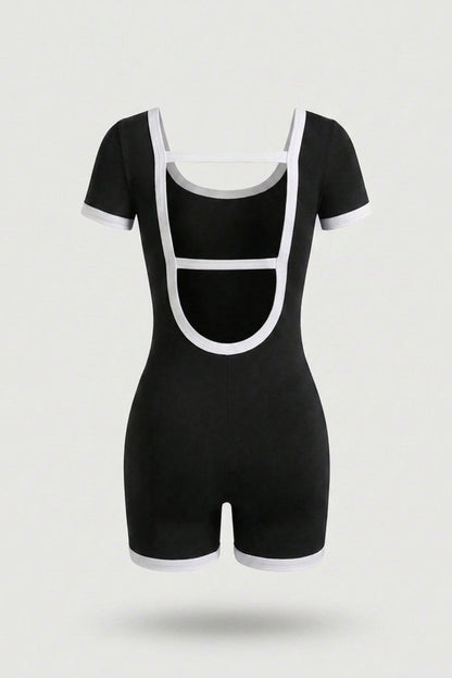 Dames Sport Jumpsuit Short | V-Neck | Contrast Trim One Piece | Open Back