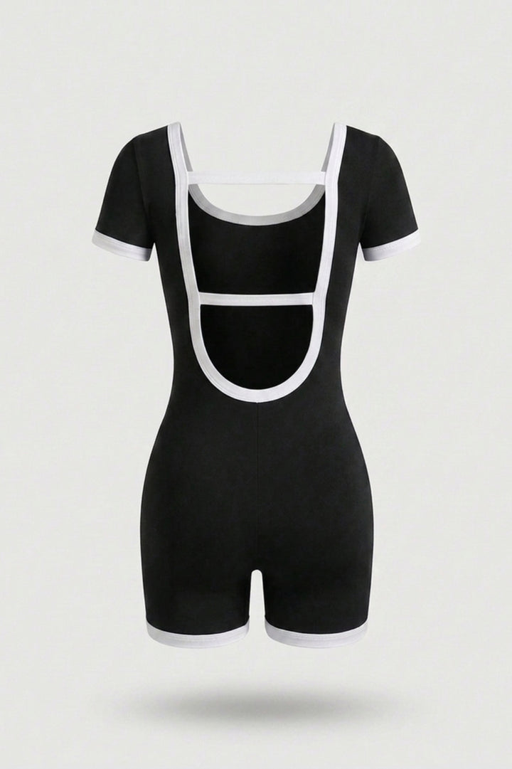 Women's Short Sports Jumpsuit | V-Neck | Contrast Trim One Piece | Open Back