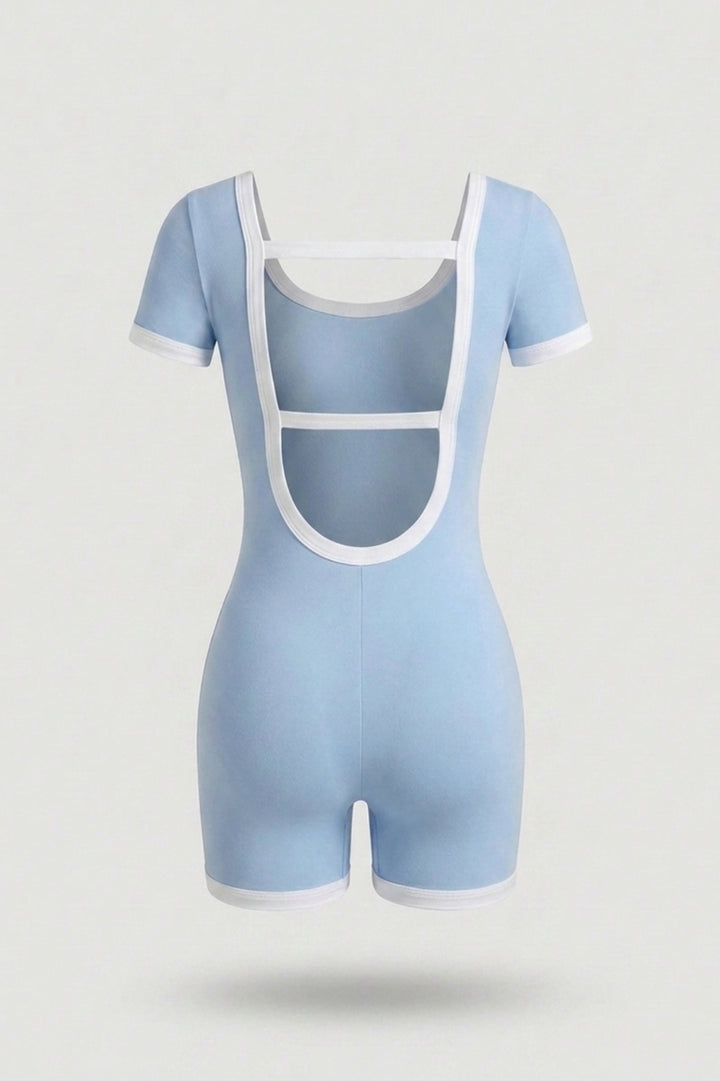 Women's Short Sports Jumpsuit | V-Neck | Contrast Trim One Piece | Open Back