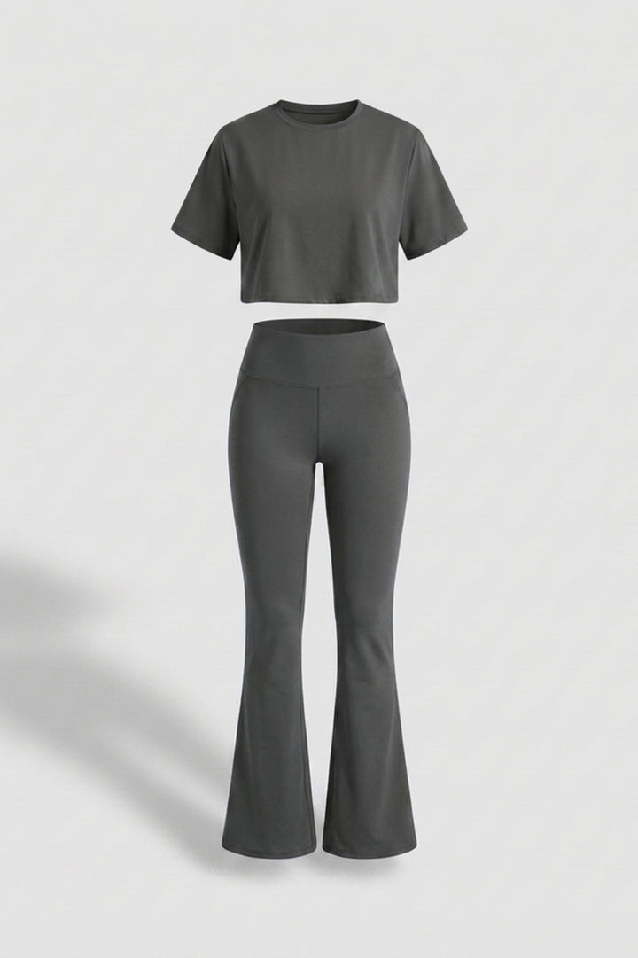 Dames Sport Set | Aansluitende Fit | High Waist Flared Broek | Cropped Top Set