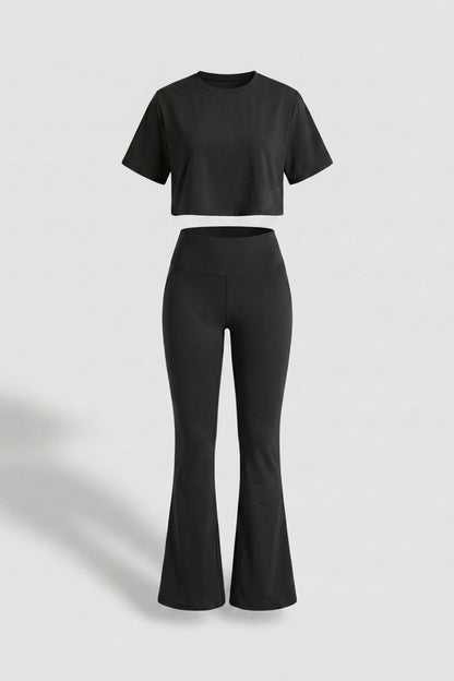 Dames Sport Set | Aansluitende Fit | High Waist Flared Broek | Cropped Top Set