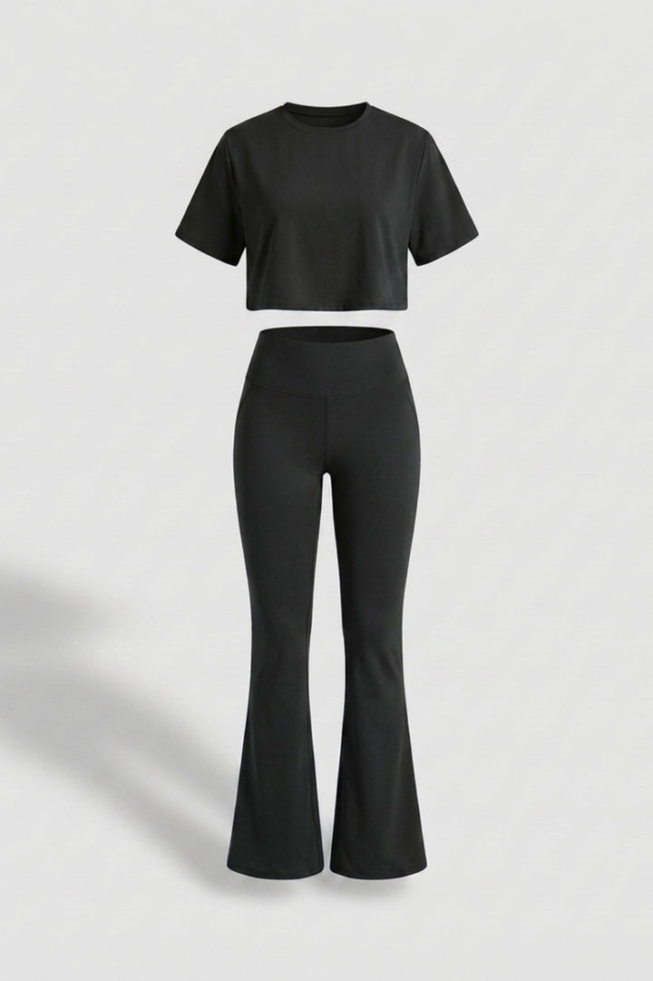 Dames Sport Set | Aansluitende Fit | High Waist Flared Broek | Cropped Top Set