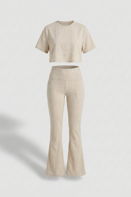 Dames Sport Set | Aansluitende Fit | High Waist Flared Broek | Cropped Top Set